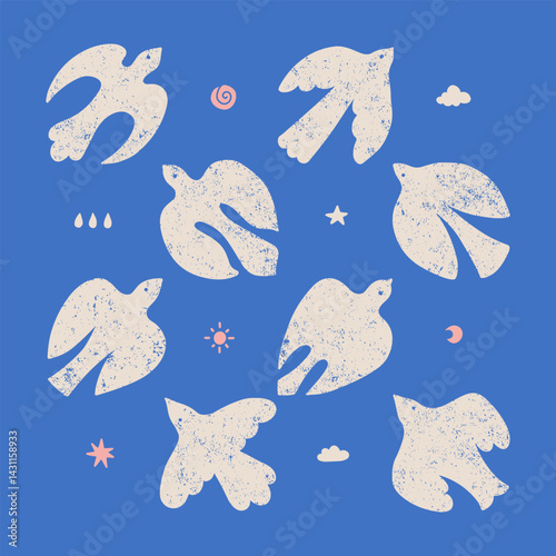 Vintage modern art print elements set in simple wavy and groovy naive style - birds flying in the sky. White flat hand drawn doves with organic texture. Vector groovy illustration.