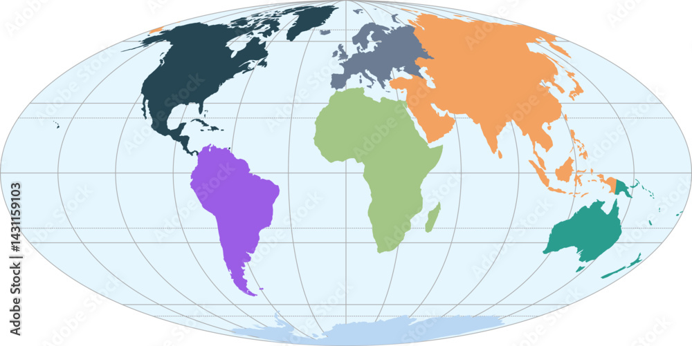 Fototapeta premium World vector map with continent boundaries and graticules (Mollweide projection, PPT-compatible, pre-colored & fully editable)