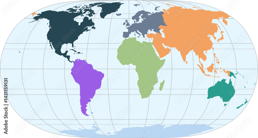 Fototapeta premium World vector map with continent boundaries and graticules (Natural Earth II projection, PPT-compatible, pre-colored & fully editable)