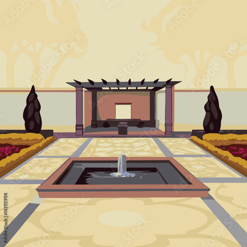A garden courtyard landscape with geometric paving, trimmed hedges, water feature, and shaded seating area.