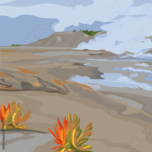 A volcanic island landscape with steam rising, black sand, lava flows, and vibrant tropical plants