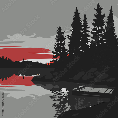 A peaceful lakeside landscape with pine trees, still water, and a small wooden dock at sunrise.