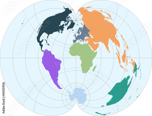 World vector map with continent boundaries and graticules (Polyconic projection, PPT-compatible, pre-colored & fully editable)