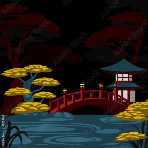 A Japanese garden with raked gravel, stone lanterns, bonsai trees, and a small arched bridge over a pond.