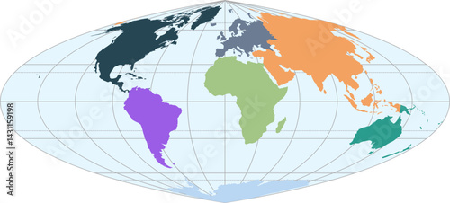 World vector map with continent boundaries and graticules (Quartic authalic projection, PPT-compatible, pre-colored & fully editable)