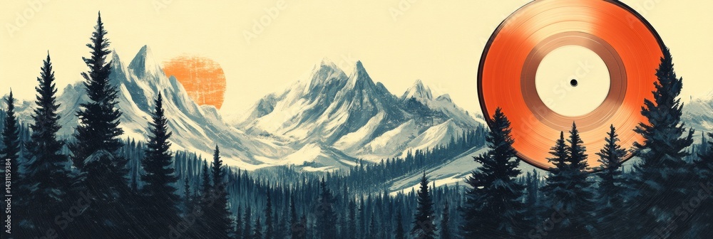 Creative Vinyl Record Design Featuring Grooves Shaped Like Pine Trees and Snowy Mountains in a Musical Wilderness Generative AI