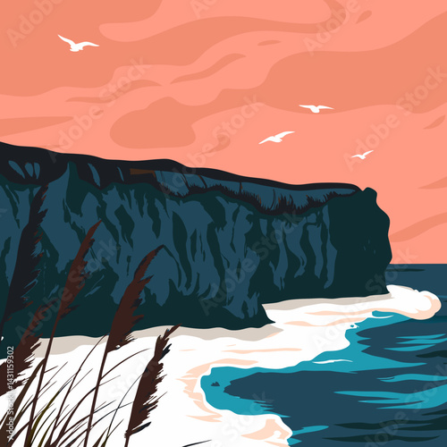 A coastal cliff landscape with crashing waves below, tall grass, and seagulls in the sky.
