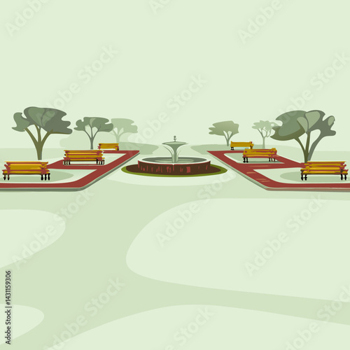 A stylized urban park with walking paths, benches, trees, and a fountain in the center — flat illustration style.