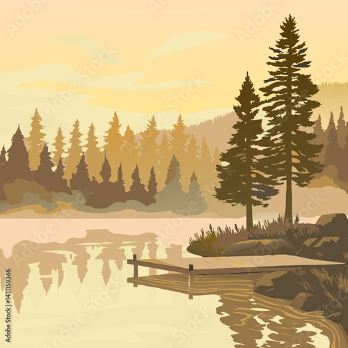 A peaceful lakeside landscape with pine trees, still water, and a small wooden dock at sunrise