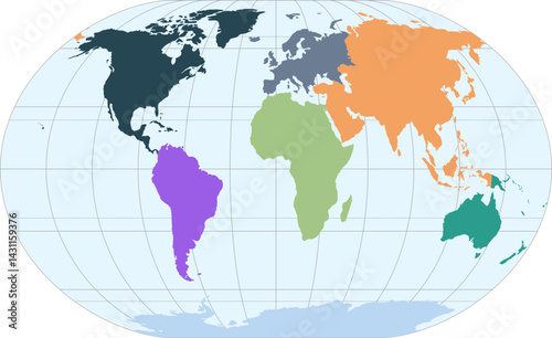 World vector map with continent boundaries and graticules (Winkel II projection, PPT-compatible, pre-colored & fully editable)