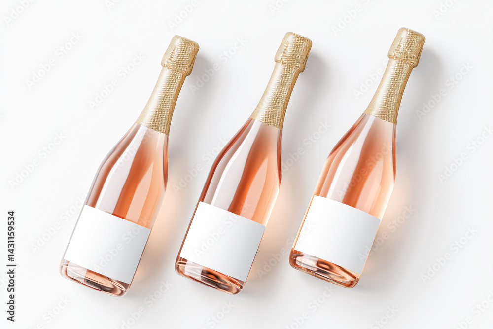 Bottles of rose sparkling wine on a white background with blank mockup labels
