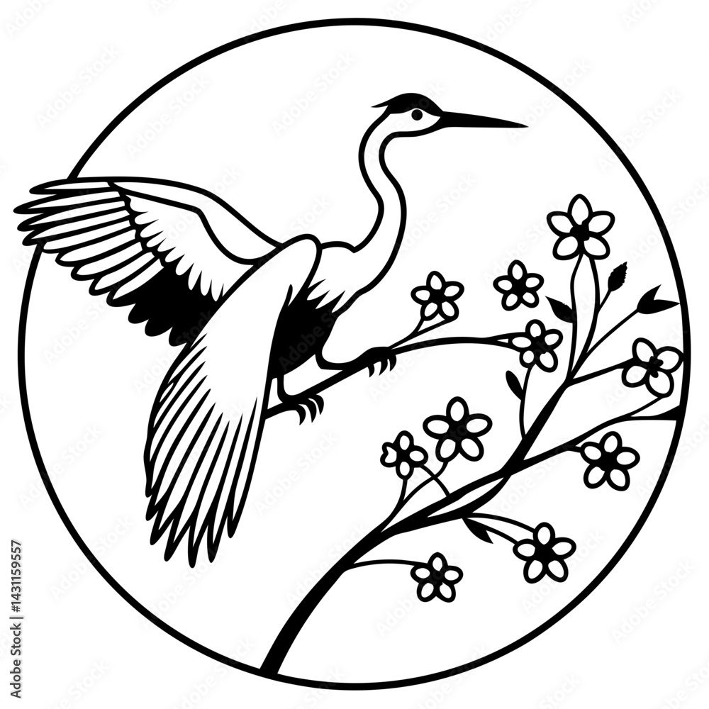 Fototapeta premium Minimalist Black and White Japanese Crane Bird on Cherry Blossom Branch Vector