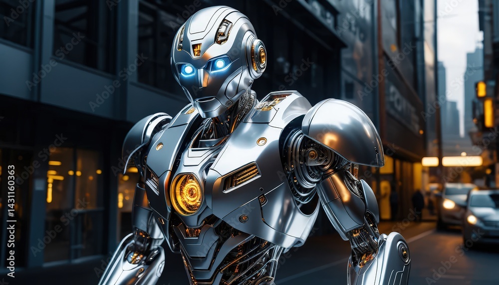 A sleek, futuristic robot stands confidently in the center of a bustling urban street, surrounded by tall buildings, vibrant billboards, and curious pedestrians. A sleek, futuristic robot stands confidently in the center of a bustling urban street, surrounded by tall buildings, vibrant billboards, and curious pedestrians.