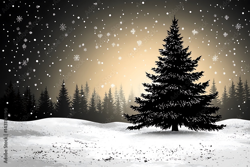 Snowy Fir Trees Silhouette with Falling Snowflakes, Winter Landscape, Peaceful Snowy Fir Trees Silhouette with Falling Snowflakes, Winter Landscape, Peaceful