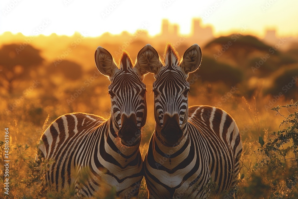 Two zebras stand in a grassy field with a city skyline in background.
