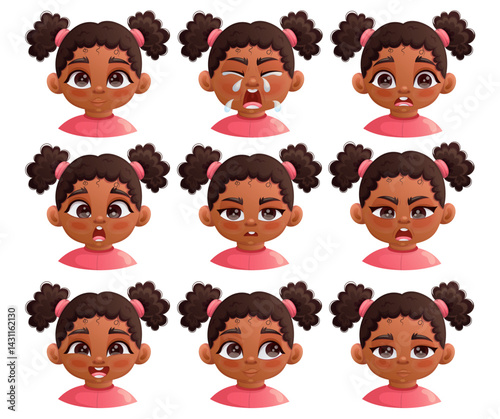 Cute dark skin baby girl with curly hair. Different facial expressions and emotions set. Cartoon illustration isolated on white.