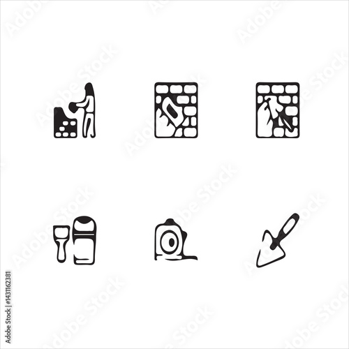 Simple Vector Icons Depicting Masonry Construction Steps