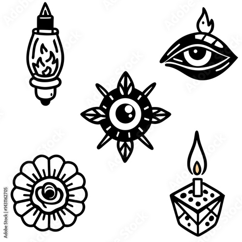 Vintage Tattoo Flash Sheet with Eye, Candle, Lantern, and Flower Designs | Traditional Tattoo Art for Stickers, Apparel, and Custom Tattoo Designs