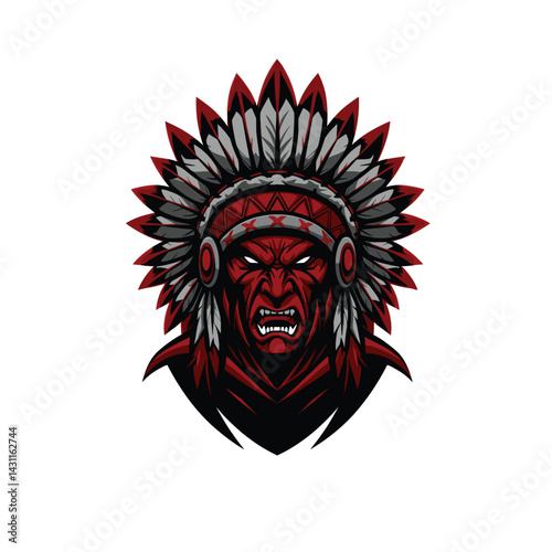 Angry Tribal Chief with Headdress (White BG)