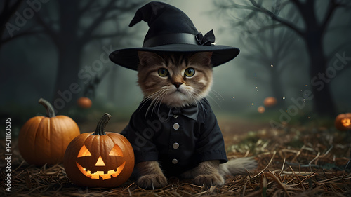 halloween cat with pumpkin