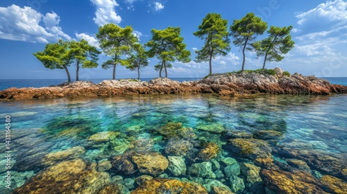Fototapeta Naklejka Na Ścianę i Meble -  Crystal-clear turquoise water surrounds a small island with pine trees.  Rocky shoreline. Sunny day
