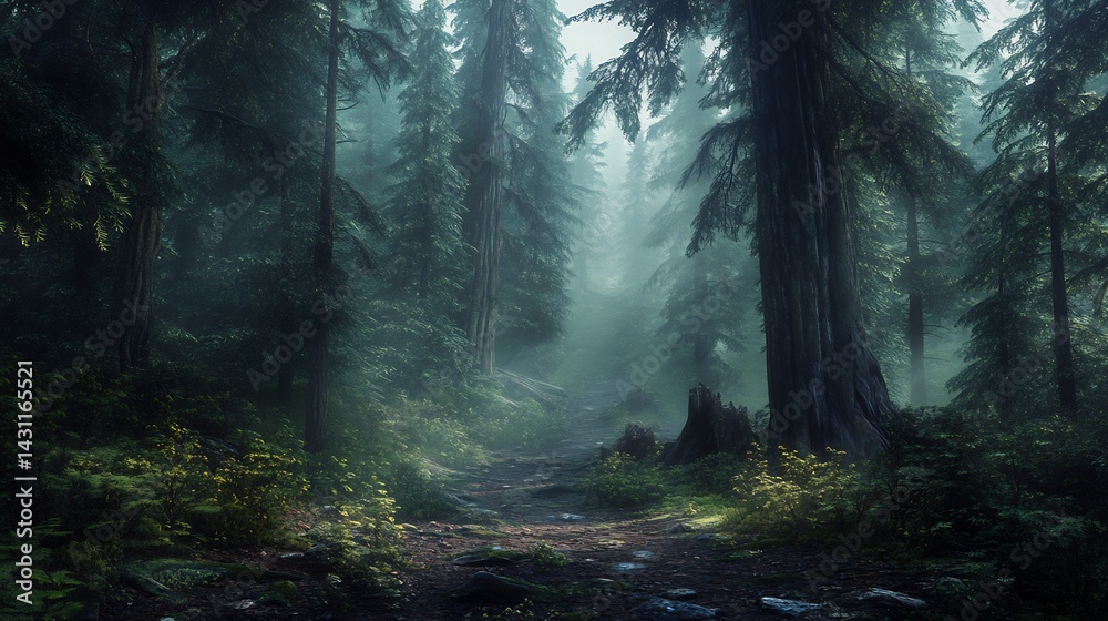 Obraz premium Misty Forest Path: A Serene, Ethereal Landscape