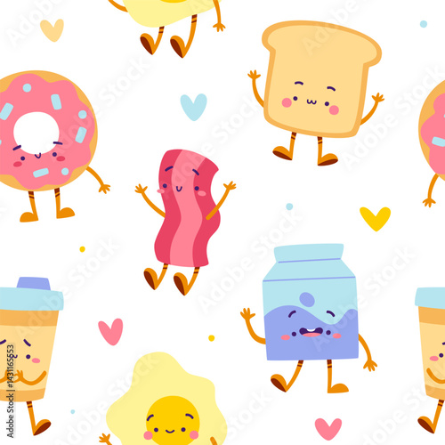 Cute breakfast food pattern. Seamless vector print with cartoon breakfast characters.
