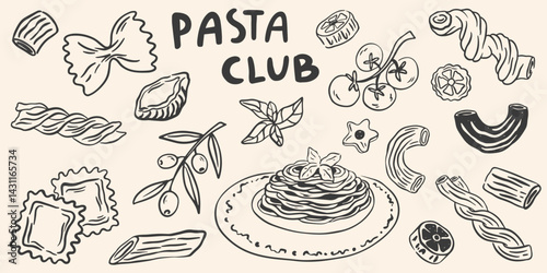 Minimalist hand drawn pasta vector set. Different Mediterranean spaghetti types. Italy la dolce vita coast food for greeting cards, poster, postcards. Doodle sketch icons in crayon drawing style