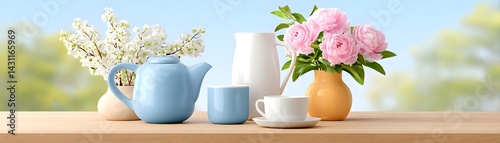 Wallpaper Mural Tea set arrangement with colorful flowers outdoor garden table still life photography serene atmosphere close-up view elegance Torontodigital.ca