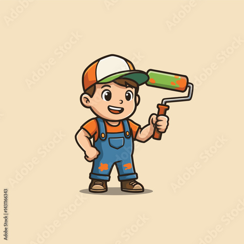 Boy Painter with Roller Brush (Orange Cap)