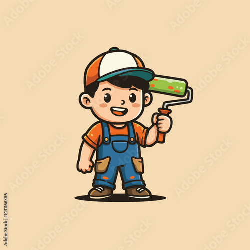 Painter Kid Holding Roller Brush (Smile Pose)