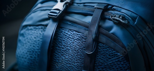 Close-up of a blue travel backpack with zippers and straps on a dark background. 