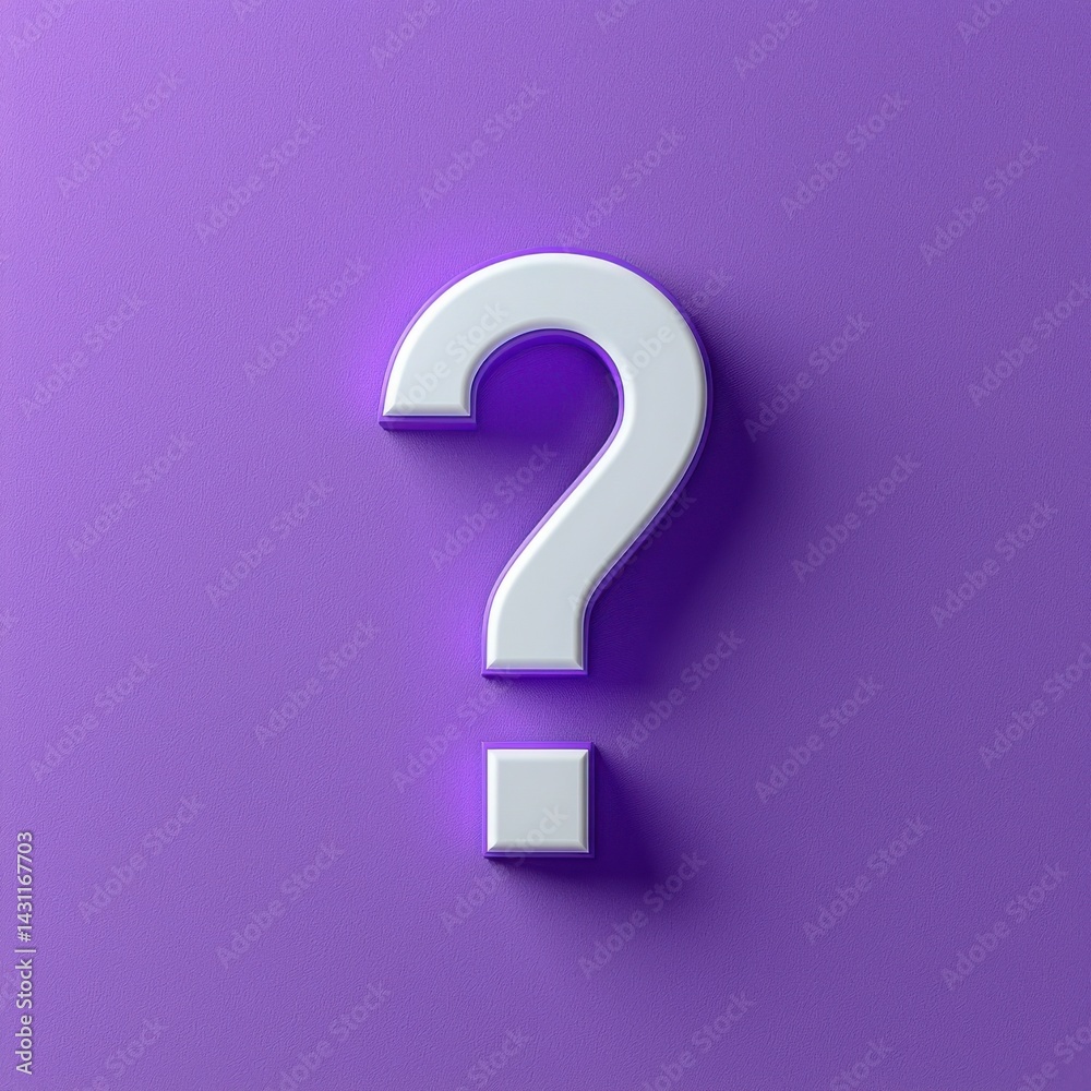 Mystery Symbol: A 3D rendered question mark in pristine condition casts a shadow over a vibrant purple surface. It encapsulates questions, riddles, and intrigue. Mystery Symbol: A 3D rendered question mark in pristine condition casts a shadow over a vibrant purple surface. It encapsulates questions, riddles, and intrigue.