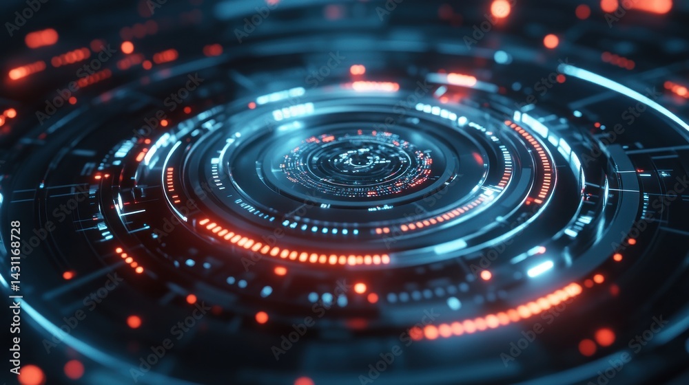 Futuristic technology interface, circular display with concentric rings, glowing blue and orange lights, intricate details Futuristic technology interface, circular display with concentric rings, glowing blue and orange lights, intricate details