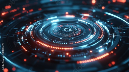 Wallpaper Mural Futuristic technology interface, circular display with concentric rings, glowing blue and orange lights, intricate details Torontodigital.ca