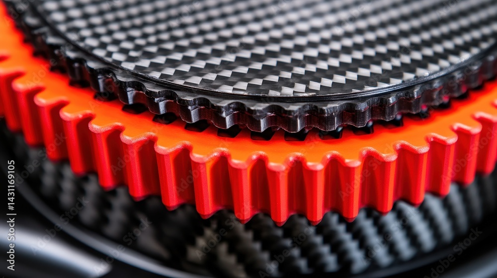 Fototapeta premium A close-up view of interlocking gears featuring a carbon fiber texture and vibrant red accents, showcasing precision engineering and design.