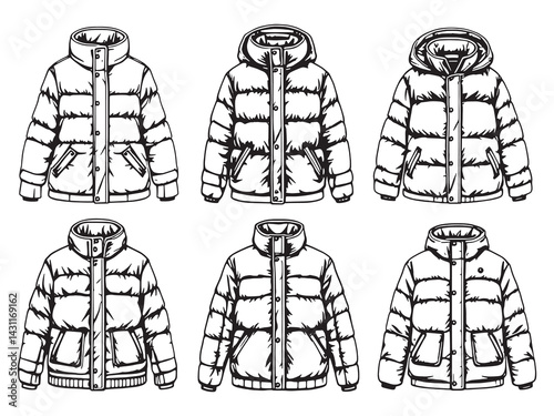 Puffer coat line art stylish winter wear black and white outline