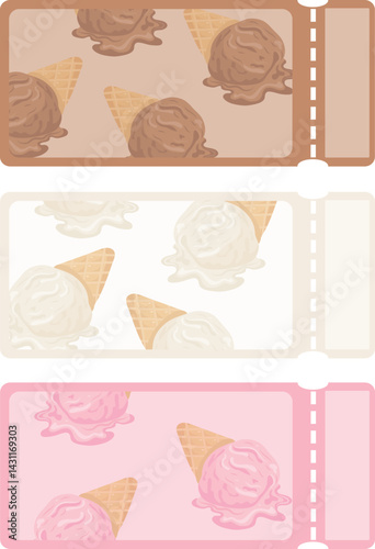 set of templates of various colors with ice cream scoops in a waffle cone with different flavors