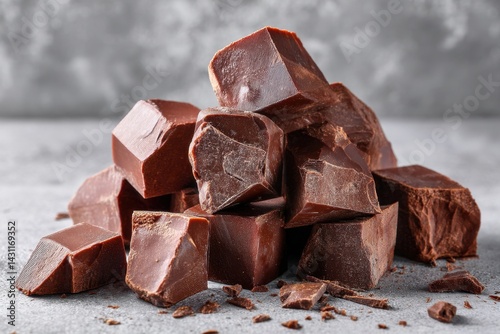 Delectable dark chocolate chunks piled high against a textured gray backdrop rich in cocoa flavor enticing treat tempting dessert sweet indulgence