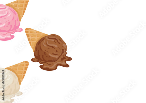 poster template with various ice cream with different flavors in a waffle cone placed on the left side, for various summer designs