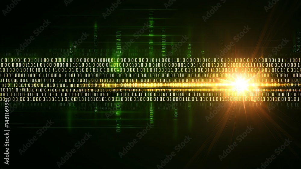 Obraz premium Digital Binary Code Background with Bright Light Ray and Green Data Visualization Effects