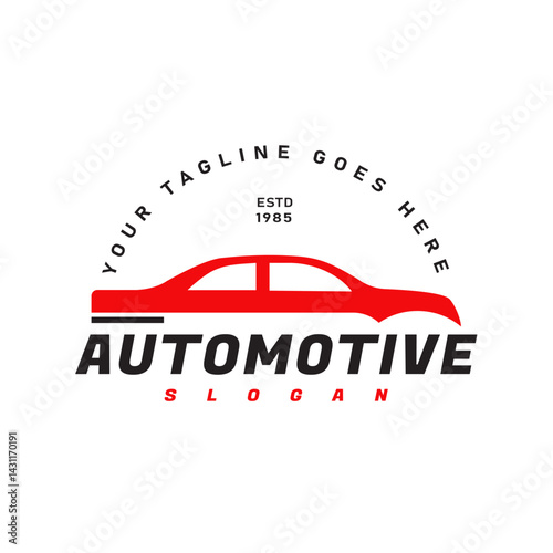 Automotive Logo with retro style red car silhouette. Ideal for workshop, showroom, spare parts business.
