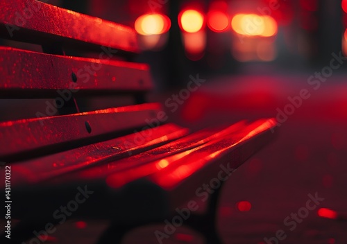 Beautiful wooden benches on the city street, with a background of a red road in the park, bathed in the early morning light.