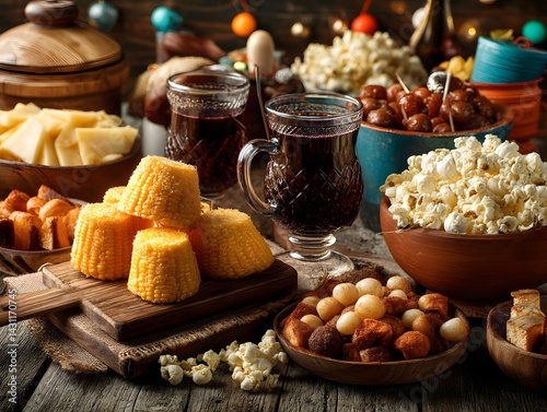 Festa Junina food table with pamonha, canjica, pé-de-moleque, popcorn, and hot mulled wine, rustic wood surface, bright decorations.