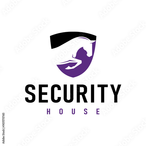 Shield with Simple Jumping Horse Silhouette for Security or Defense logo design