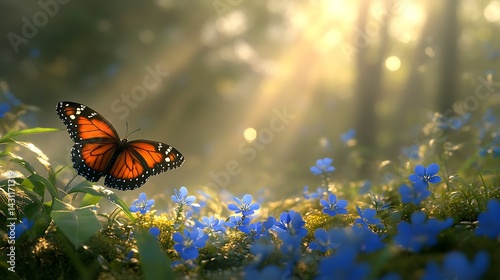 Sunlit Forest with Butterflies and Blue Flowers, A serene forest scene with sunlight filtering through trees, illuminating butterflies and blue flowers photo
