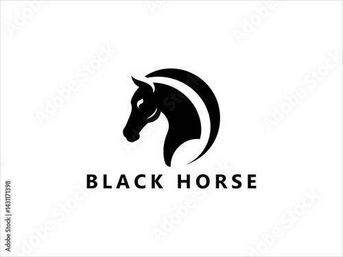 A clean, minimalist silhouette of a horse's head within a crescent moon shape.