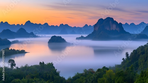 Serene Sunrise over Misty Mountains and Calm Lake Breathtaking Landscape