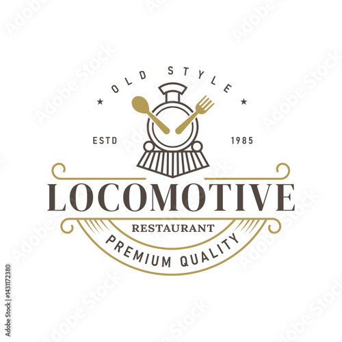 Train with Spoon and Fork in Retro Vintage Style for Retro Themed Restaurant or Cafe logo design