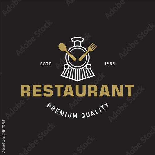 Train with Spoon and Fork in Retro Vintage Style for Retro Themed Restaurant or Cafe logo design Black Background